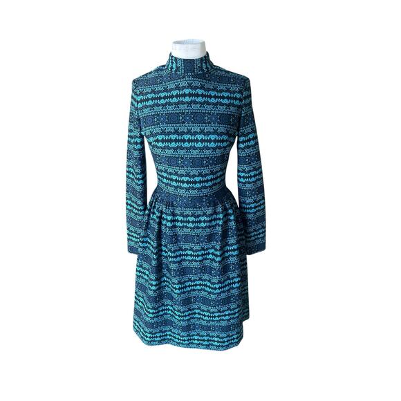 Vintage 70s Dress Blue Patterned Knit Midi Fit & Flare Long Sleeves Small S Bold - Picture 6 of 11